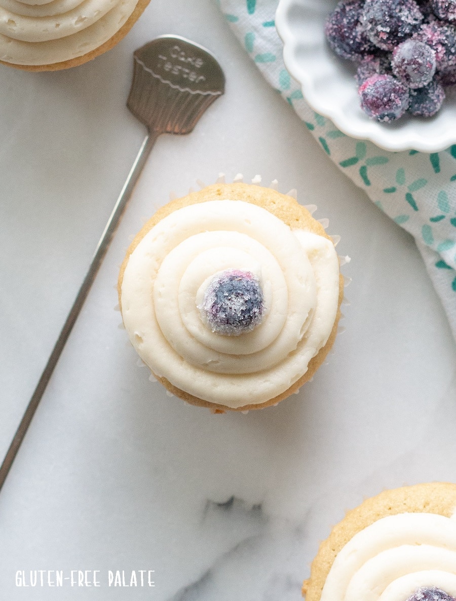 a top down view of a a blueberry cupcake with white frosting and a sugared blueberry on top