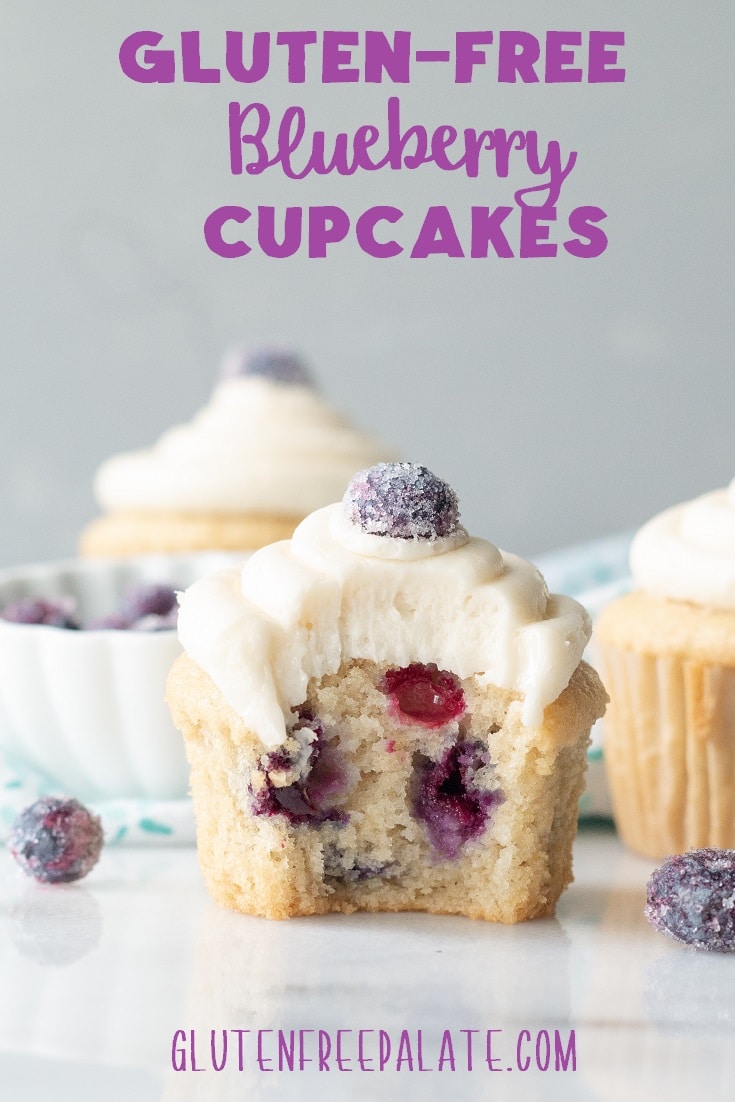 a pinterest pin of a blueberry cupcake with a bite taken out with the words gluten free blueberry cupcakes written at the top