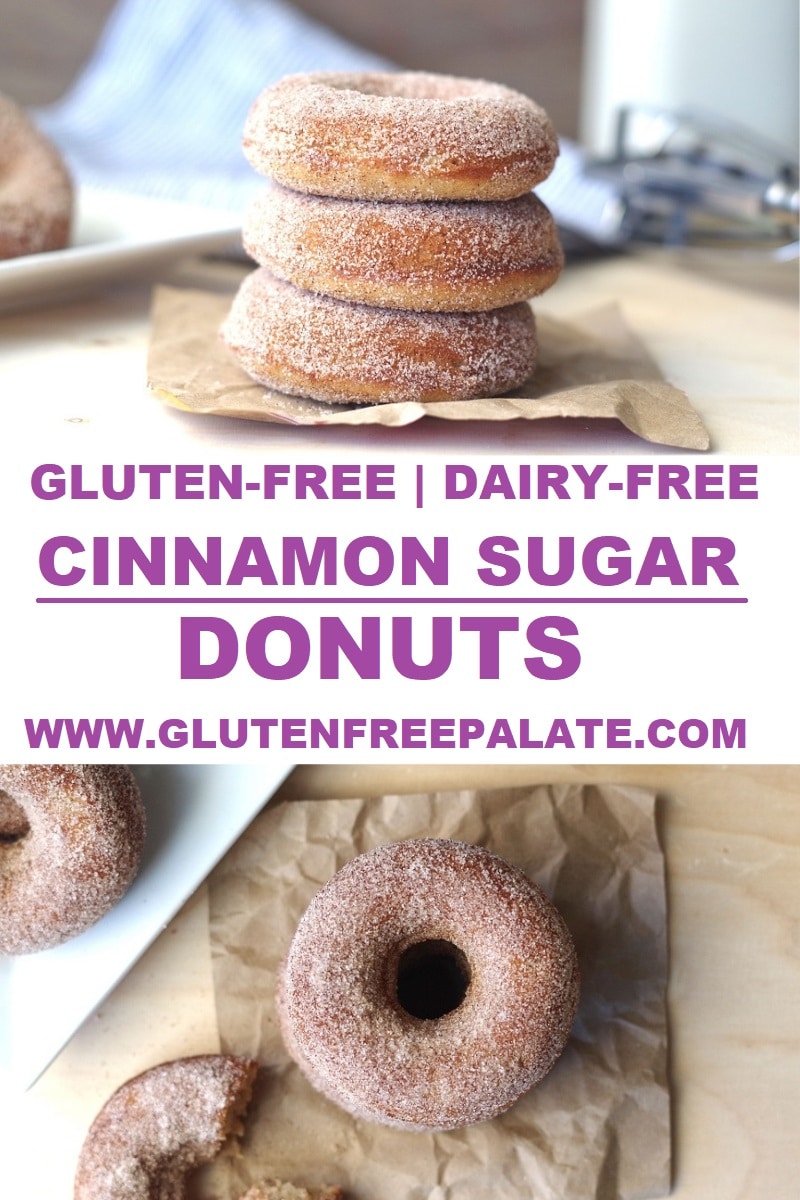 a pinterest pin with two photos of donuts with the words gluten-free dairy-free cinnamon sugar donuts in text in the center
