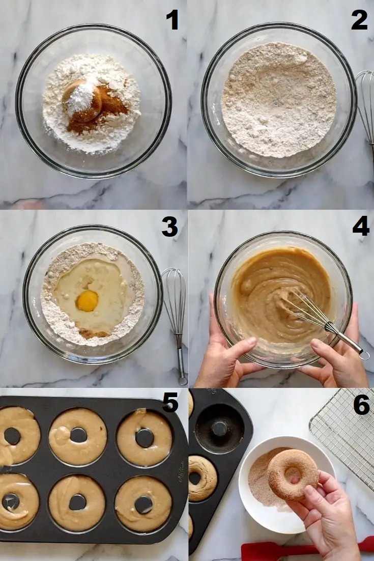 a collage of six photos showing the steps to make gluten free cinnamon sugar donuts
