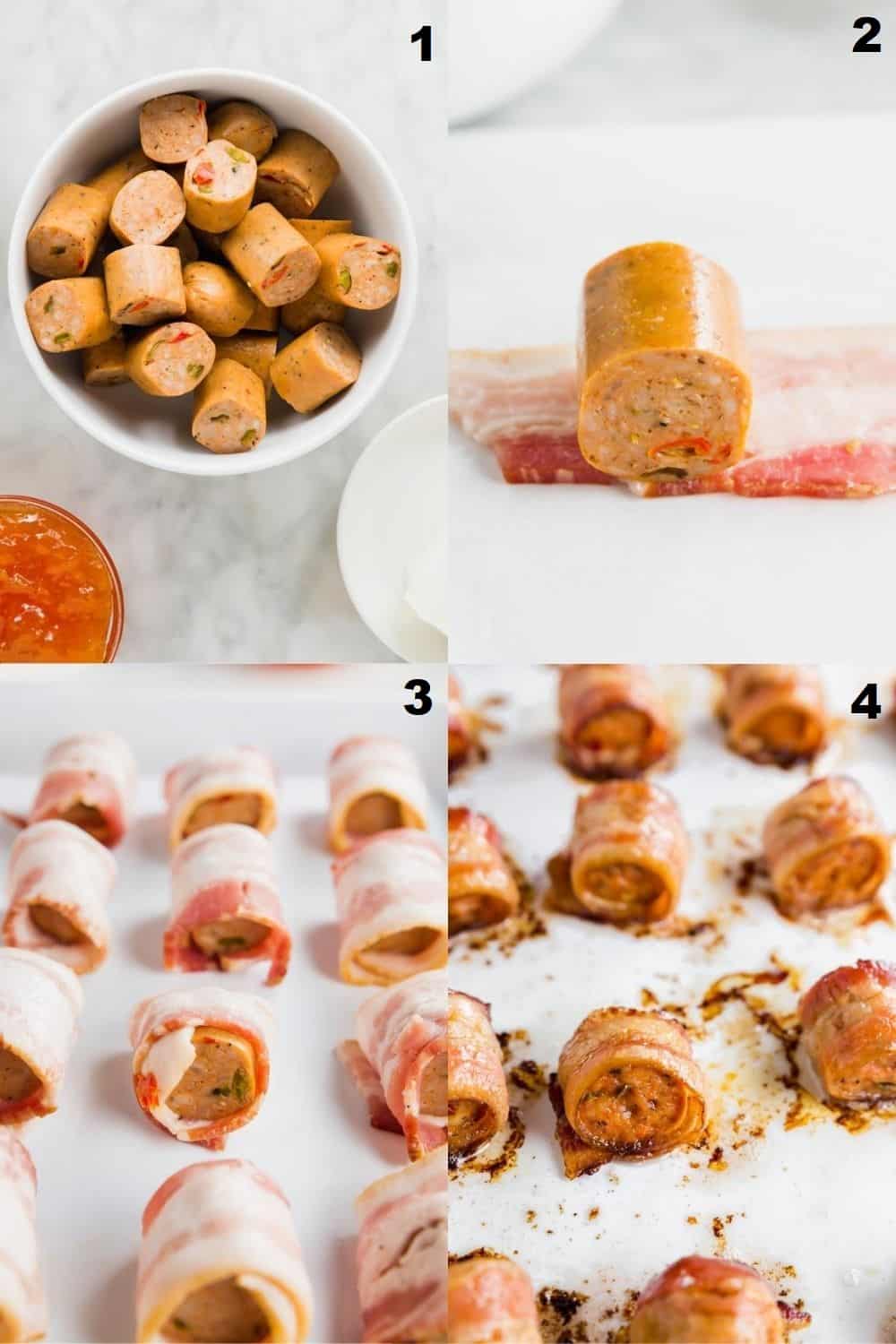 a collage of four photos showing the steps to make sausage appetizers