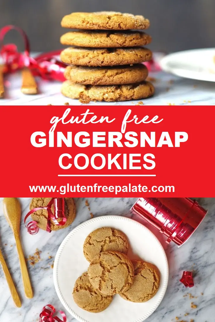 a pinterest pin of two images of cookies with the words gluten free gingersnap cookies in text in the center