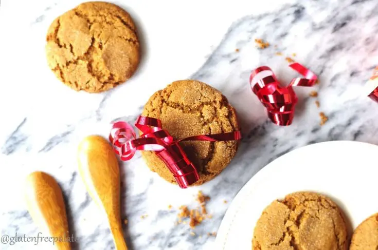 a close up of Gluten Free ginger snap cookies wrapped with a red ribbon for decaration