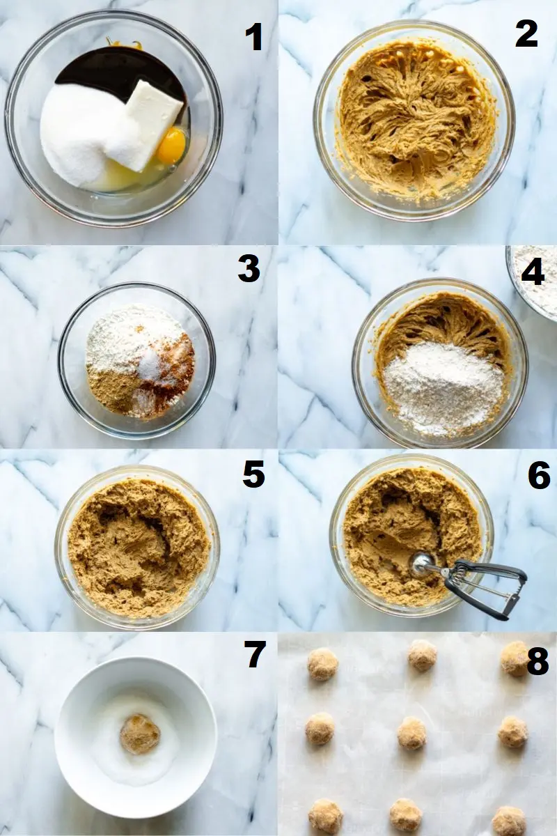 a collage of six images showing the steps on how to make gluten free gingersnaps