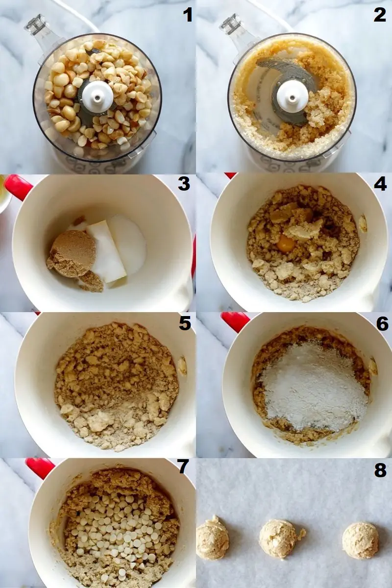 a collage of photos showing the steps to make gluten free macadamia cookies