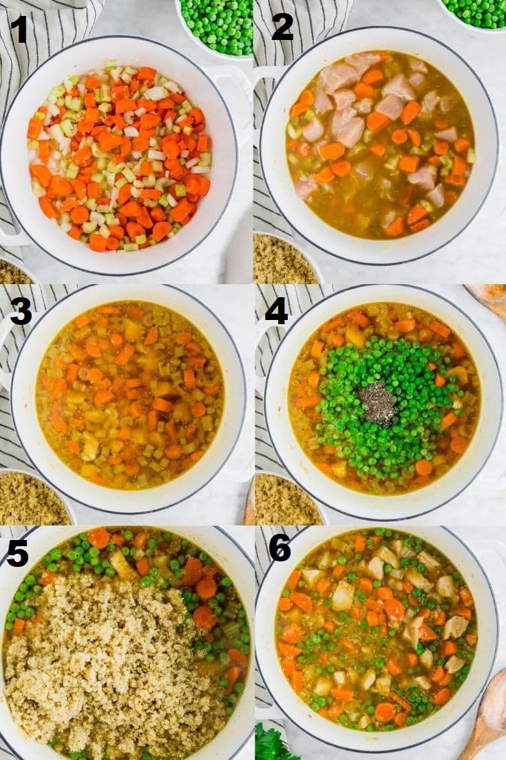 a collage of six images showing the steps to make quinoa soup