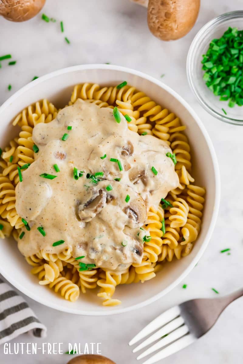 gluten free stroganoff sauce over noodles in a white bowl