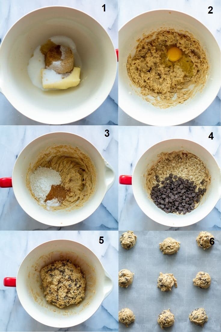 and image showing the six steps to making gluten-free oatmeal chocolate chip cookies