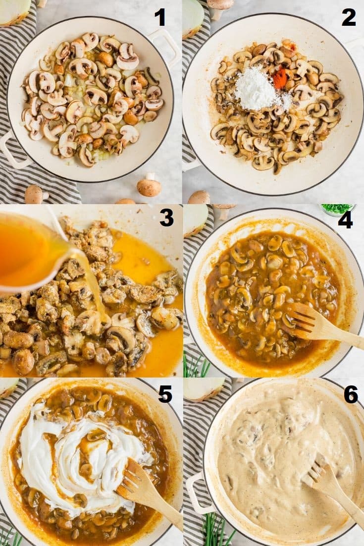 a collage of six photos showing the steps to make gluten free vegan mushroom stroganoff