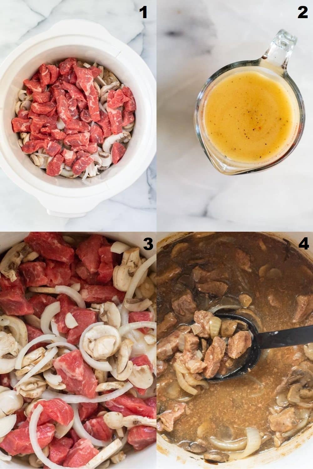 a collage of four photos showing the steps to make crockpot beef tips