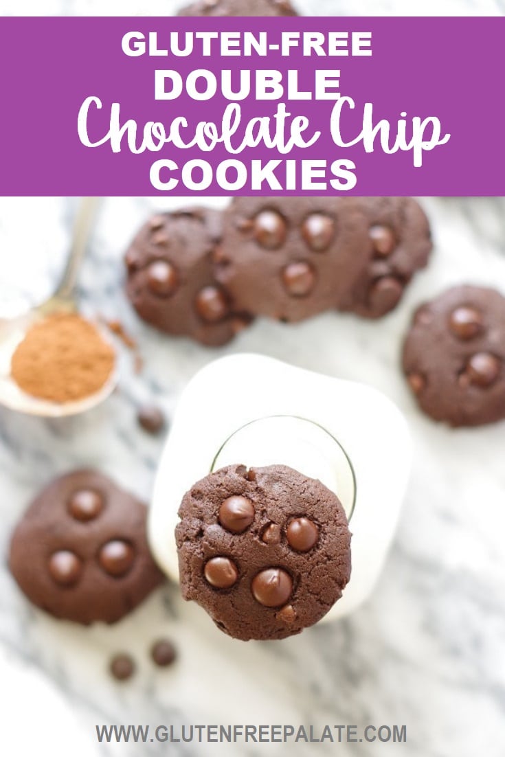 a pinterest pin of a top down view of chocolate cookies topped with chocolate chips, showing the cookies after cooking, with text at the top