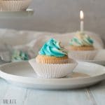 a close up of a gluten free vanilla cupcake topped with blue and white swirled frosting, on a white plate