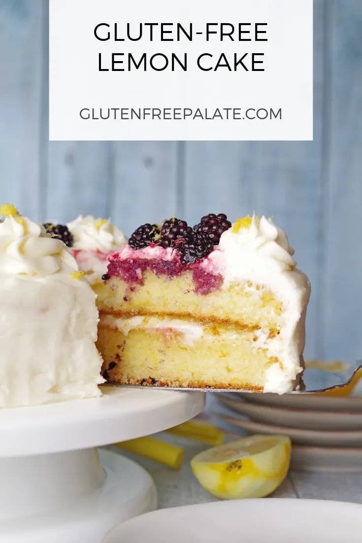 a pinterest pin with a slice of lemon cake next to a cake plate and the words gluten free lemon cake in text at the top
