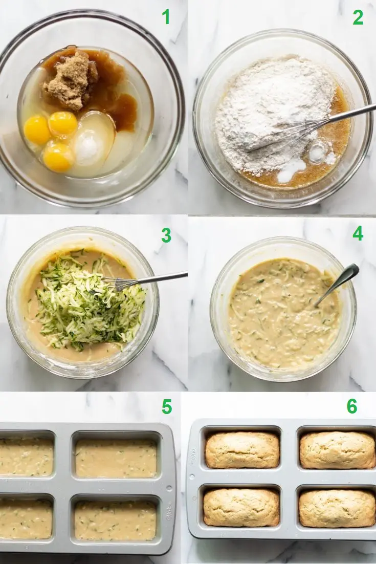 collage of six numbered photos showing the steps on how to make gluten-free zucchini bread