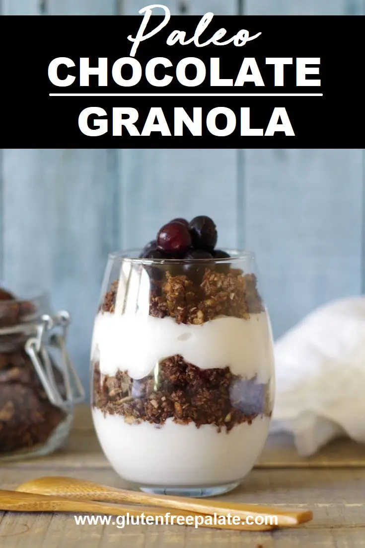 a pinterst pin with paleo granola in a glass jar with a wooden spoon with text at the top