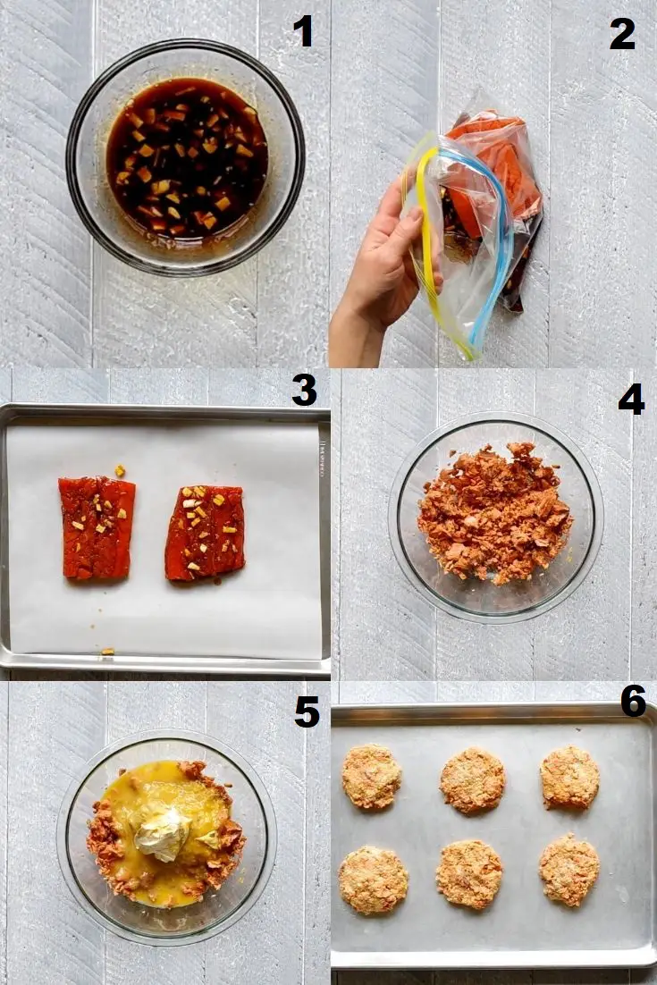 a collage of six photos showing how to make gluten-free salmon cakes