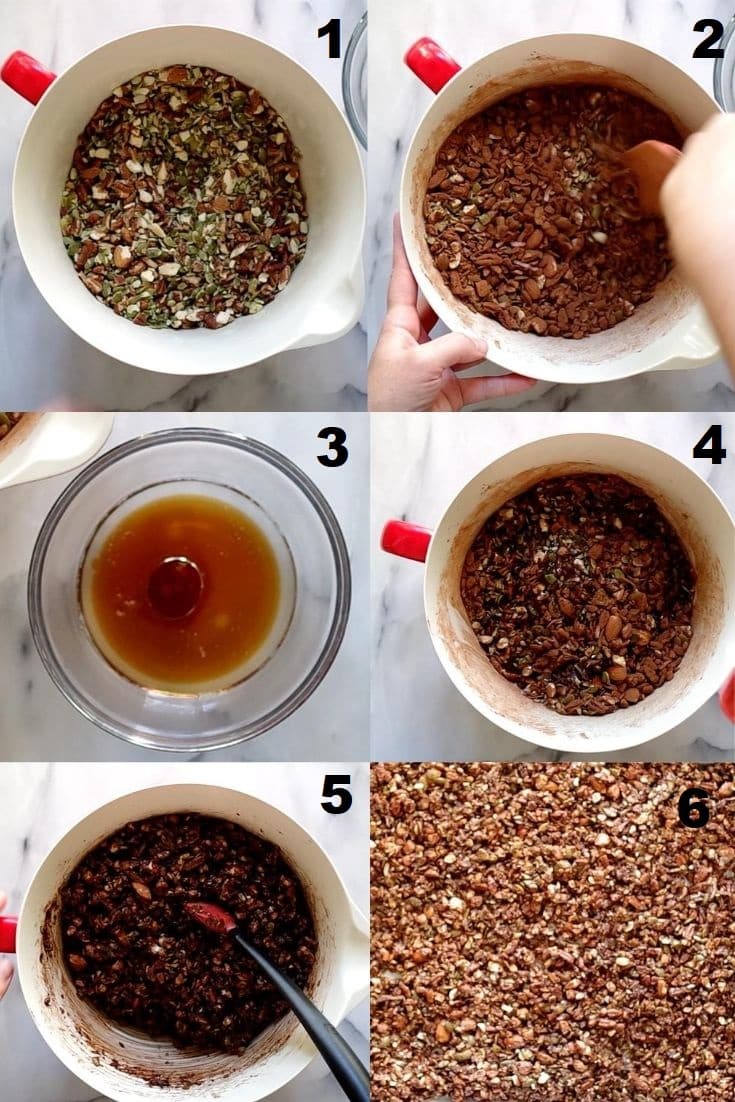 a collage of six photos showing the steps how to make paleo granola