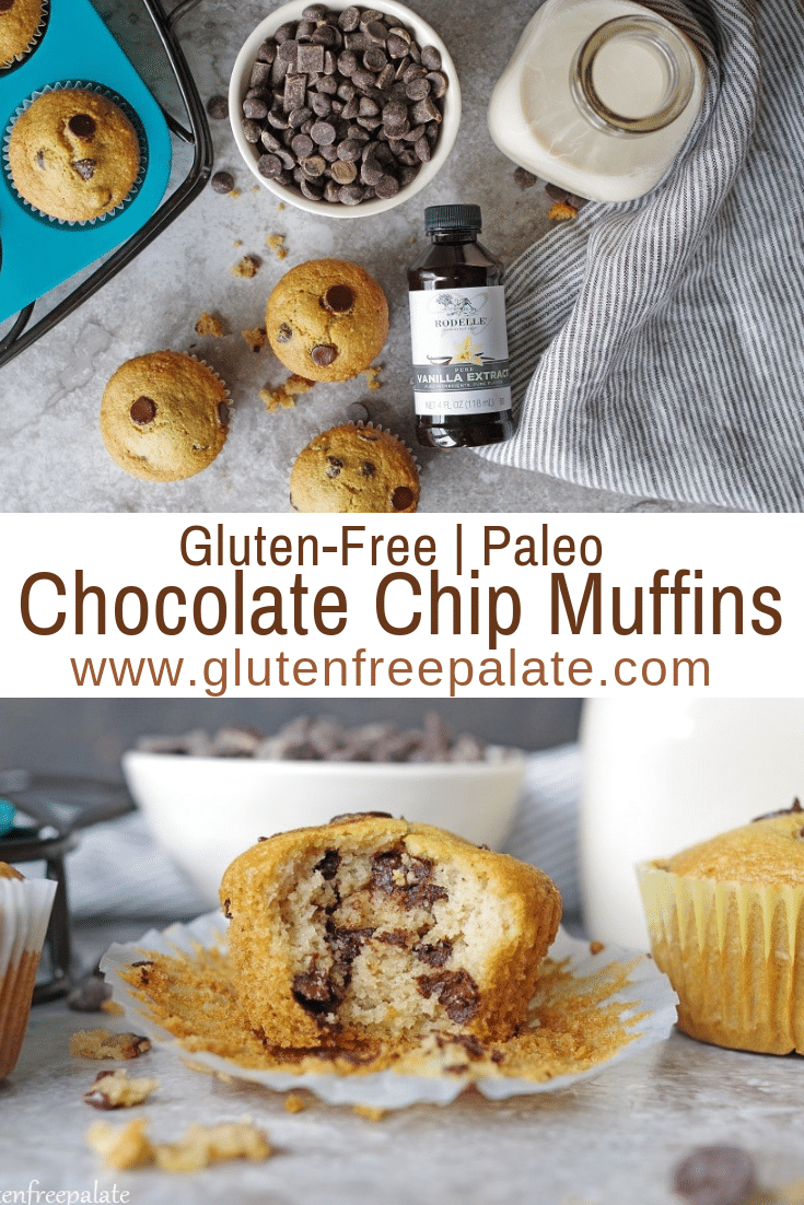 a pinterest pin with two photos of muffins with the words gluten-free paleo chocolate chip muffins in text in the center