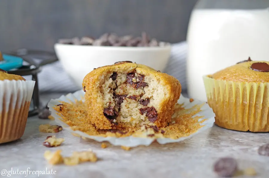 a paleo chocolate chip muffin with a bite out showing the chocolate chips inside