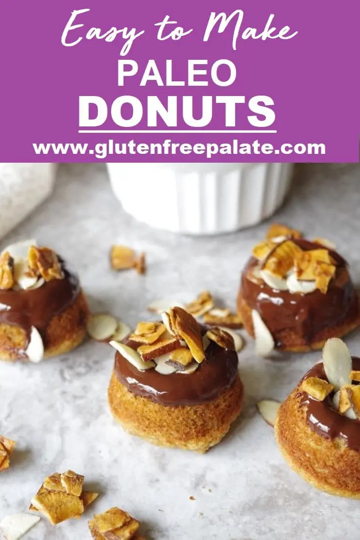 pinterest pin of paleo donuts with chocolate glaze and slivered almonds with the words easyt ot make paleo donuts in text at the top