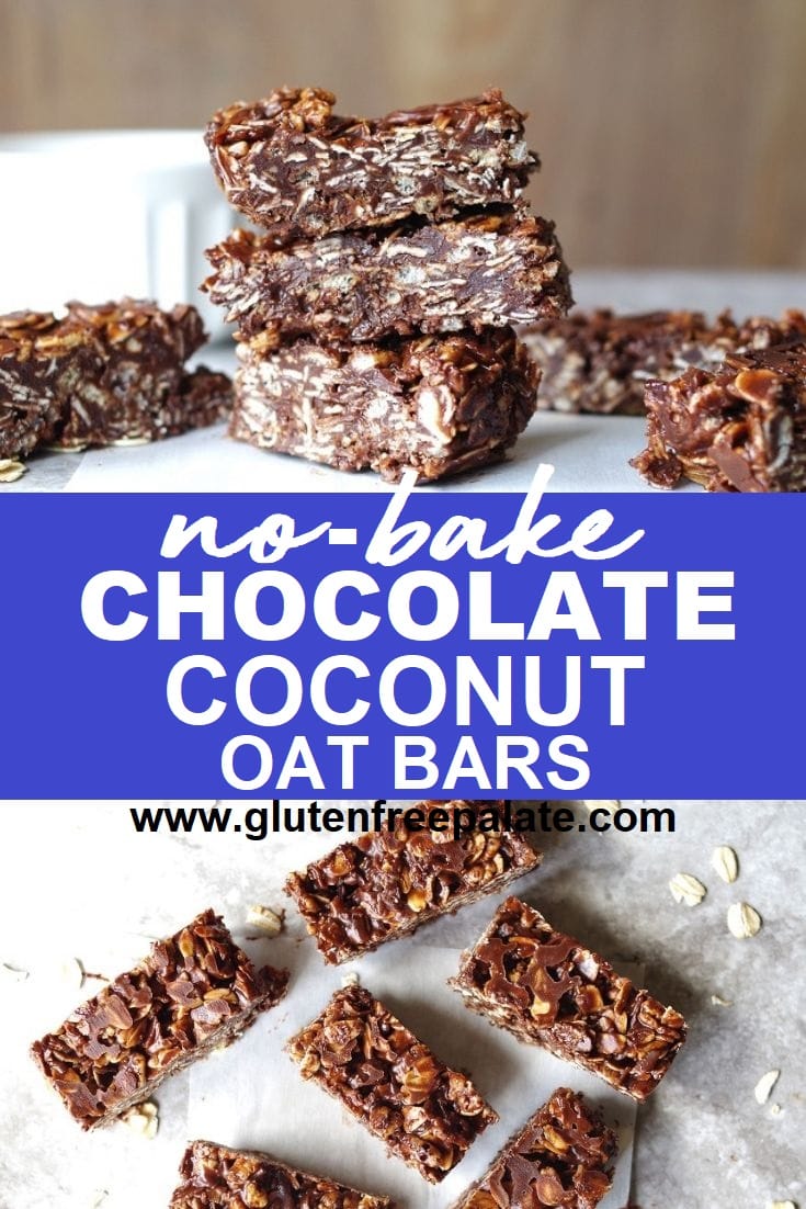 a collage image of three chocolate coconut oat bars stacked, the words no bake chocolate coconut oat bars in the center, with a top down view of oat bars on the bottom