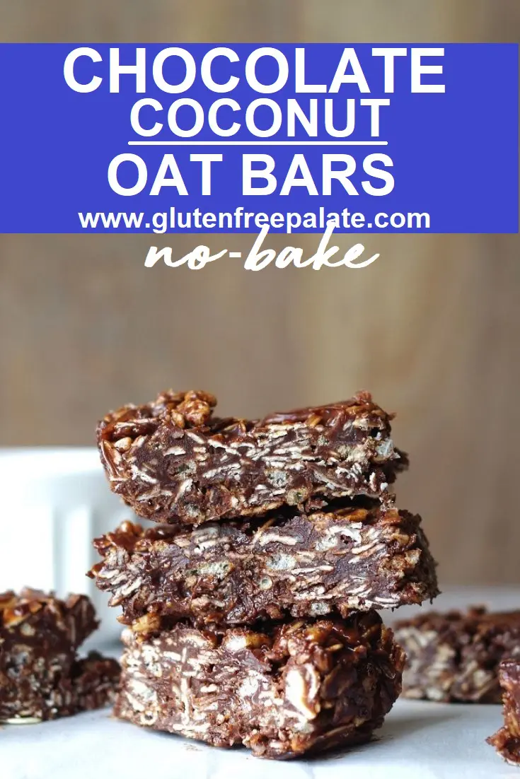 three chocolate oat bars stacked, with the words chocolate coconut oat bars written on top