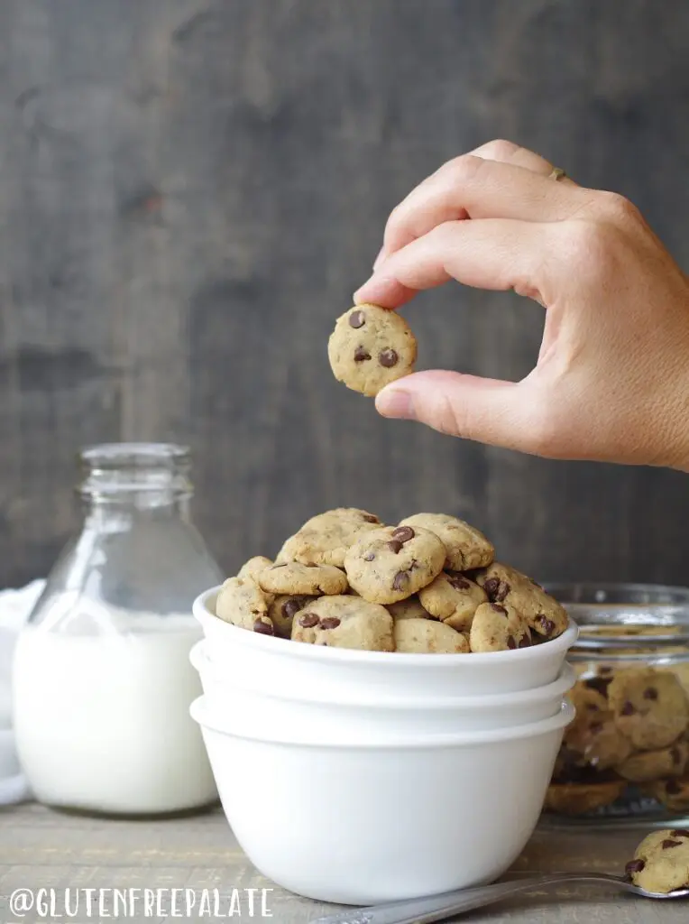 gluten free vegan cereal in the shape of chocolate chips cookies in a bowl with a hand holding a cookie