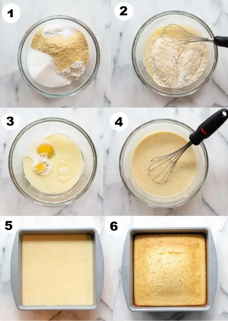 a collage of six numbered photos showing how to make gluten free cornbread, the numbers match the steps below