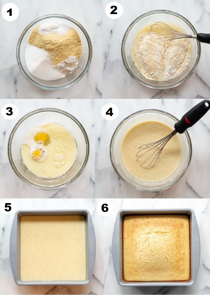a collage of six numbered photos showing how to make gluten-free cornbread, the numbers match the steps below