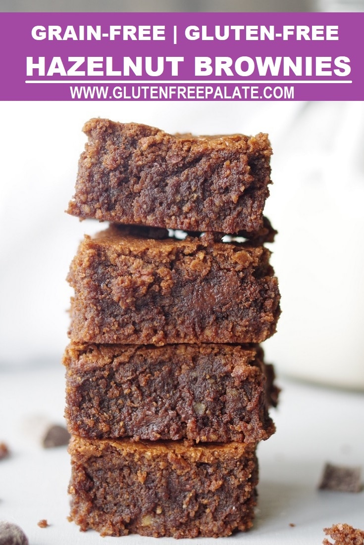 a pinterest pin with four brownies stacked with the words grain-free gluten-free hazelnut brownies at the top