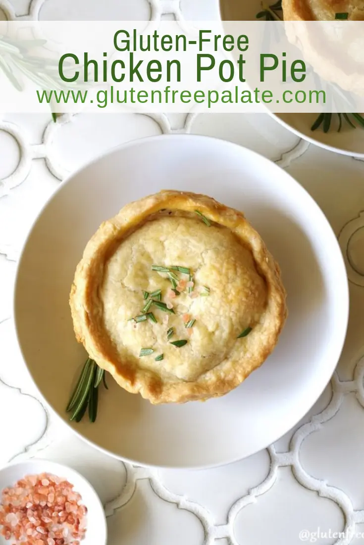 a pinterest pin of a chicken pot pie on a white plate with the words gluten-free chicken pot pie in text at the top