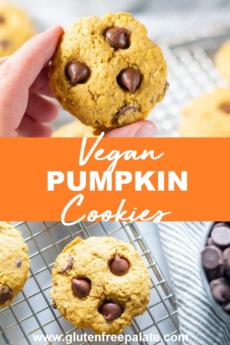 vegan pumpkin cookies on a wire cooling rack, the text vega pumpkin cookies, and a hand holding a round cookie with chocolate chips