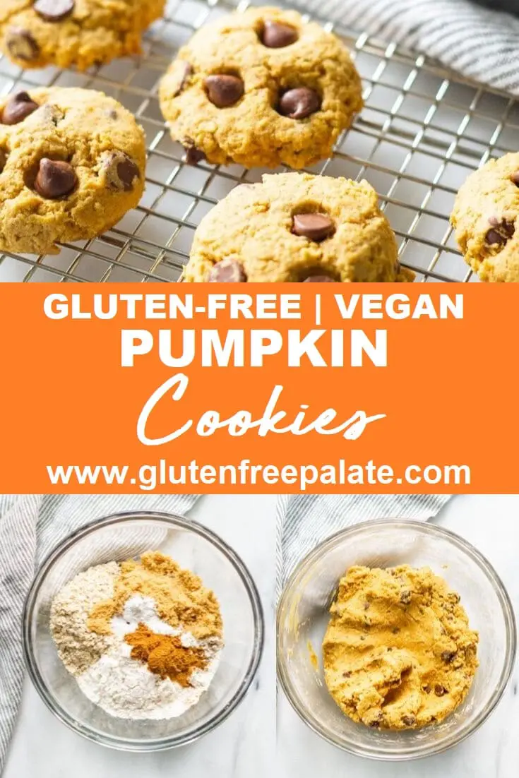 vegan pumpkin cookies on a wire cooling rack at the top of the image, the words gluten free vegan pumpkin cookies in the center, two more images at the bottom of a bowl with ingredients, and a bowl of cookie dough