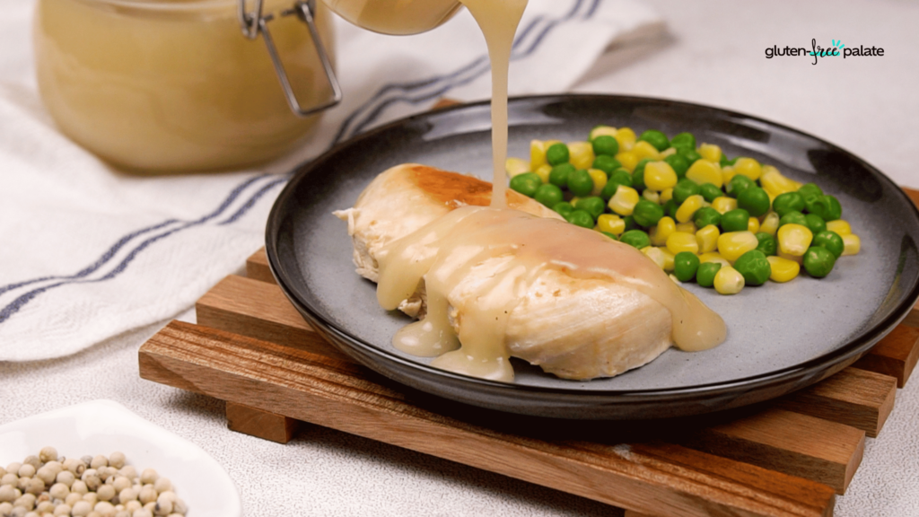 Here's the gluten-free gravy being poured over chicken. It's delicious on mashed potatoes too.