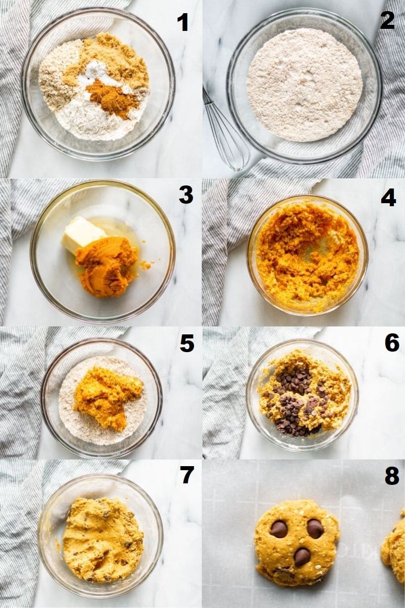 a collage of eight numbered photos showing the steps on how to make vegan pumpkin cookies, each numbered photo matches the numbered step in text below the image