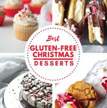 a collage of four dessert images with the words best gluten-free christmas desserts in the center of the image in red