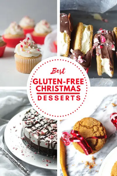 a collage of four dessert images with the words best gluten-free christmas desserts in the center of the image