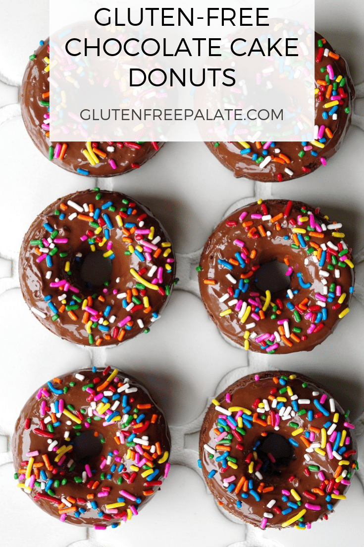 a pinterest pin of six chocolate cake donuts with chocolate glaze and colored sprinkels on top with the words gluten free chocolate cake donuts a the top in text