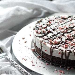 a close up of a side view of a brownie ice cream cake topped with chocolate sauce and crushed candy cane pieces