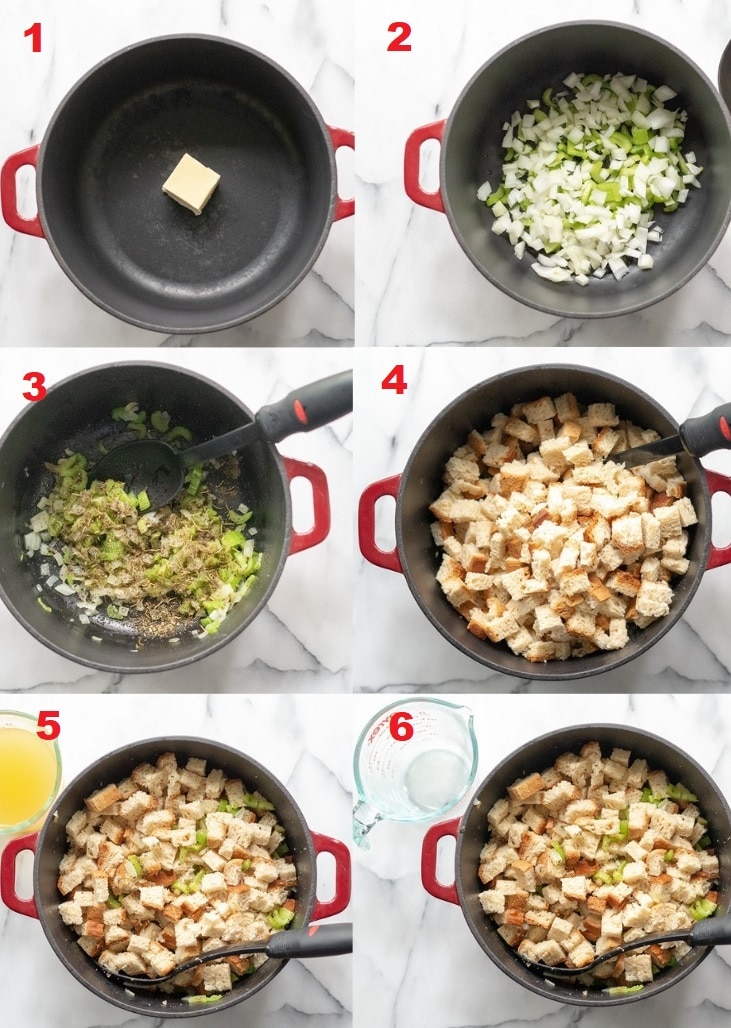 A collage of step photos showing how to make gluten-free stuffing.