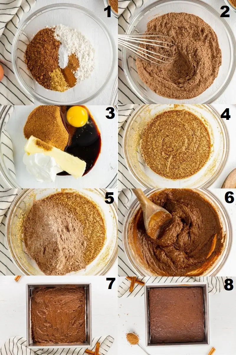 a collage of eight photos showing the steps how to make gluten free gingerbread bars