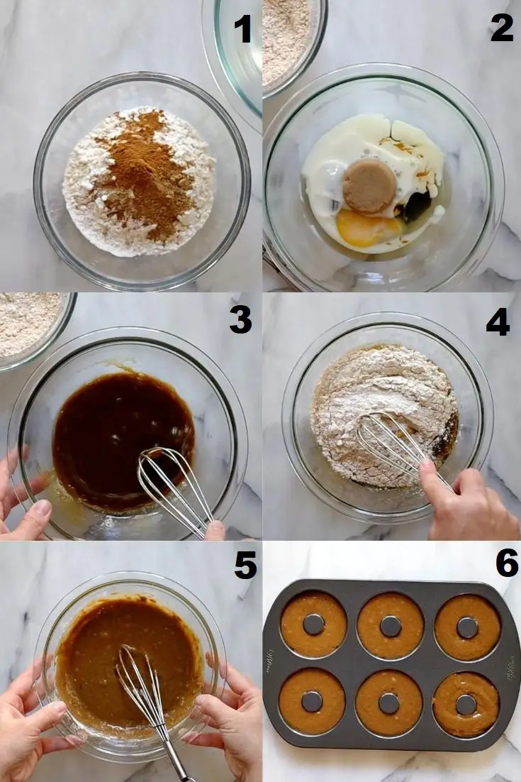 a collage of six photos showing how to make gluten free gingerbread donuts