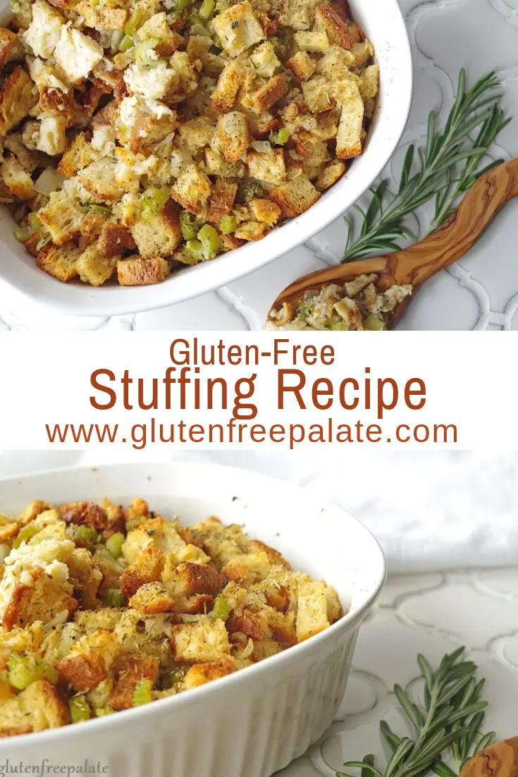 a pinterest pin with two images of stuffing with the words gluten-free stuffing recipe in text in the center