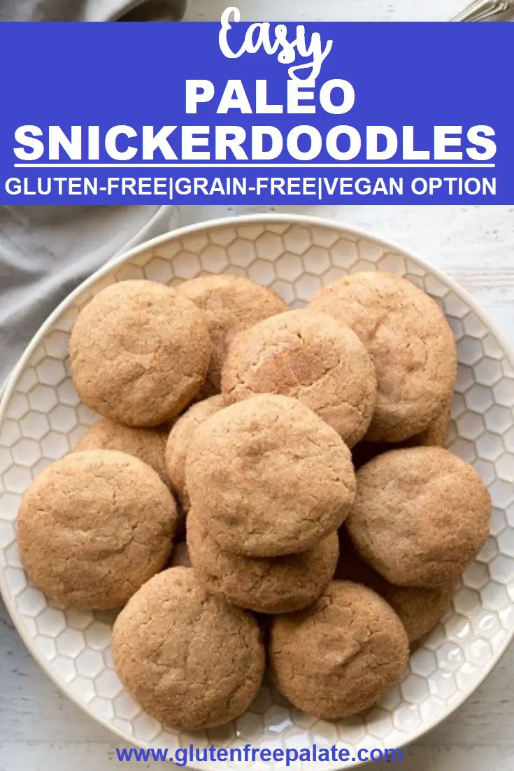 a pinterest pin with a plate of Paleo Snickerdoodles on a white plate with words at the top