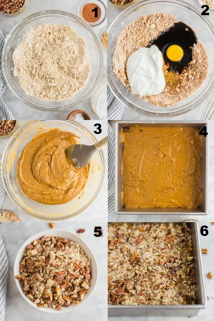 a collage of six photos showing the steps how to make gingerbread coffee cake