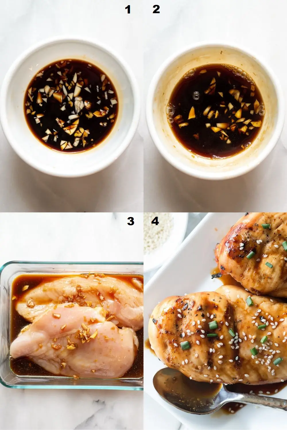 a collage of four images showing the steps on how to make hawaiian chicken