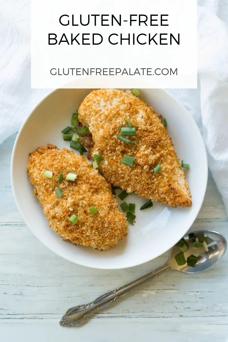 a pinterest pin of two breaded chicken breasts topped with sliced green onion on a white plate with the words gluten free baked chicken at the top