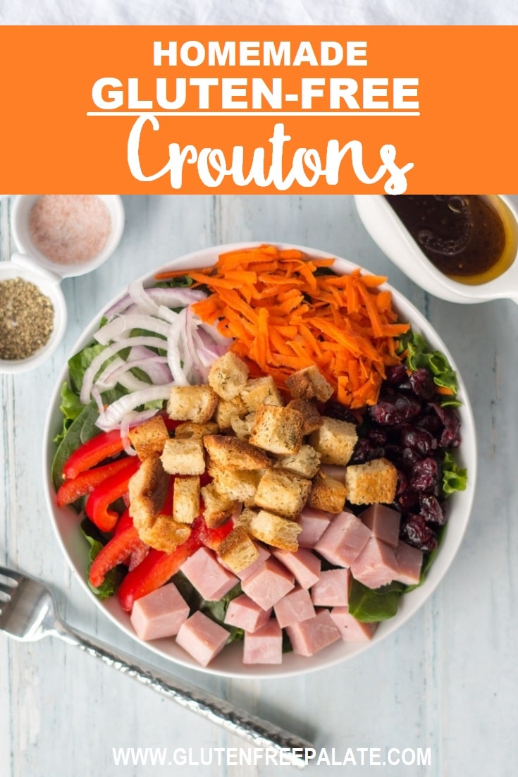 a pinterest pin of top down view of a salad topped with croutons and veggies with the words homemade gluten free croutons on top