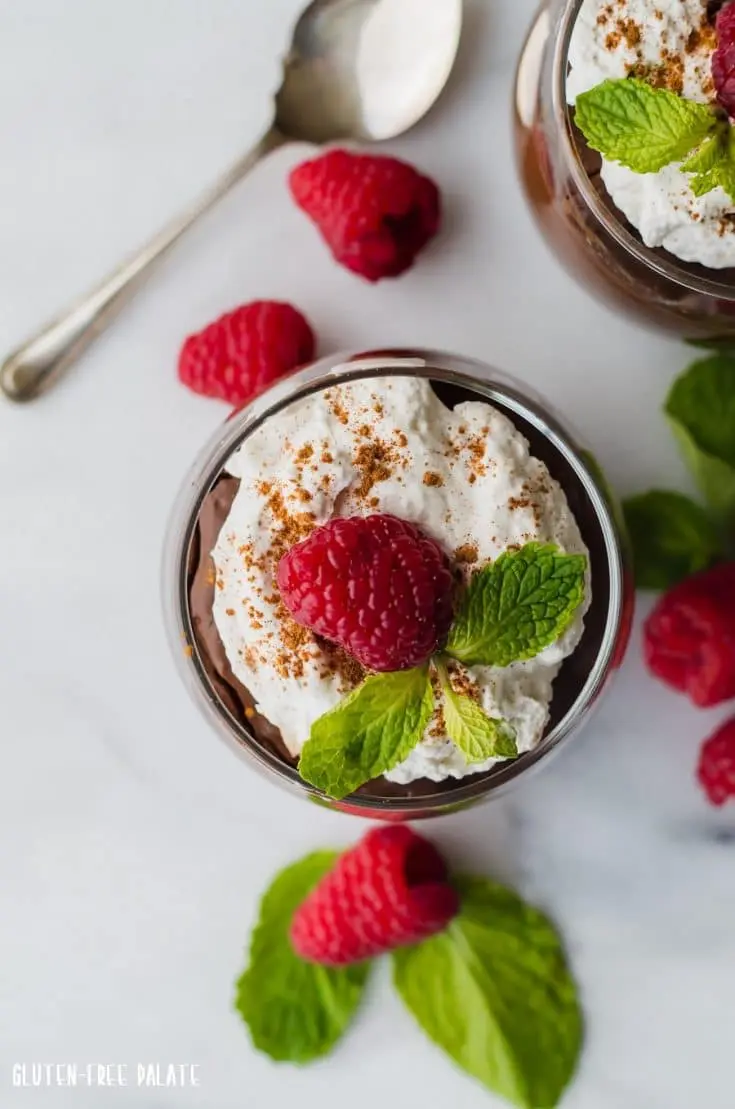 top view of a Gluten-Free Chocolate Pudding topped with mint and raspberry