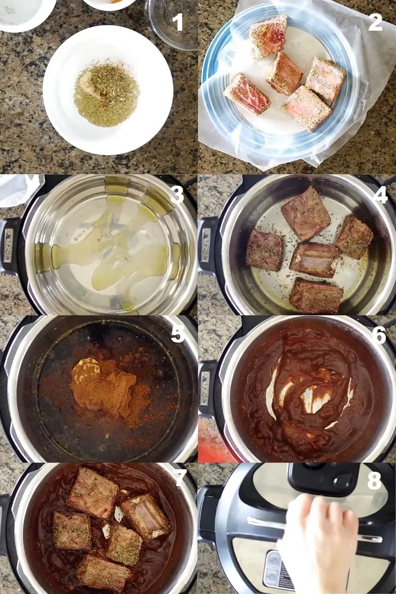  a collage of eight images showing how to make instant pot short ribs.